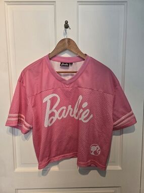 Barbie Pink Mesh Jersey Top Women’s Size Large Sporty Graphic Jersey.